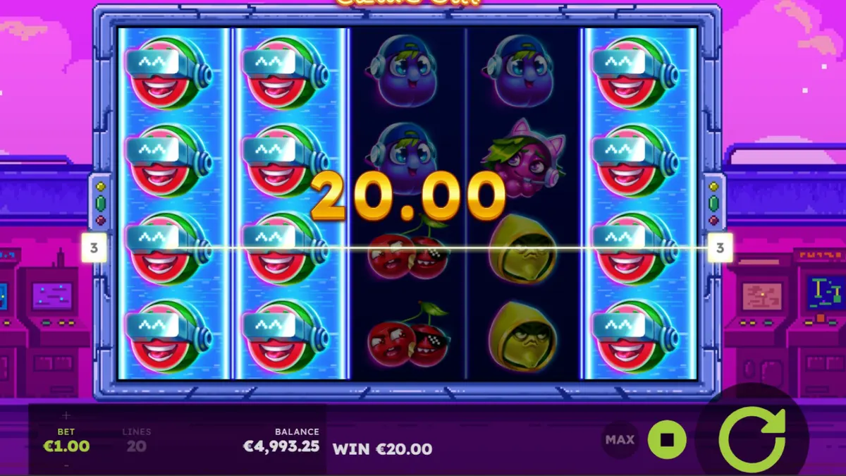 Tampilan visual retro dari slot Frooty Troupe – Game On!
