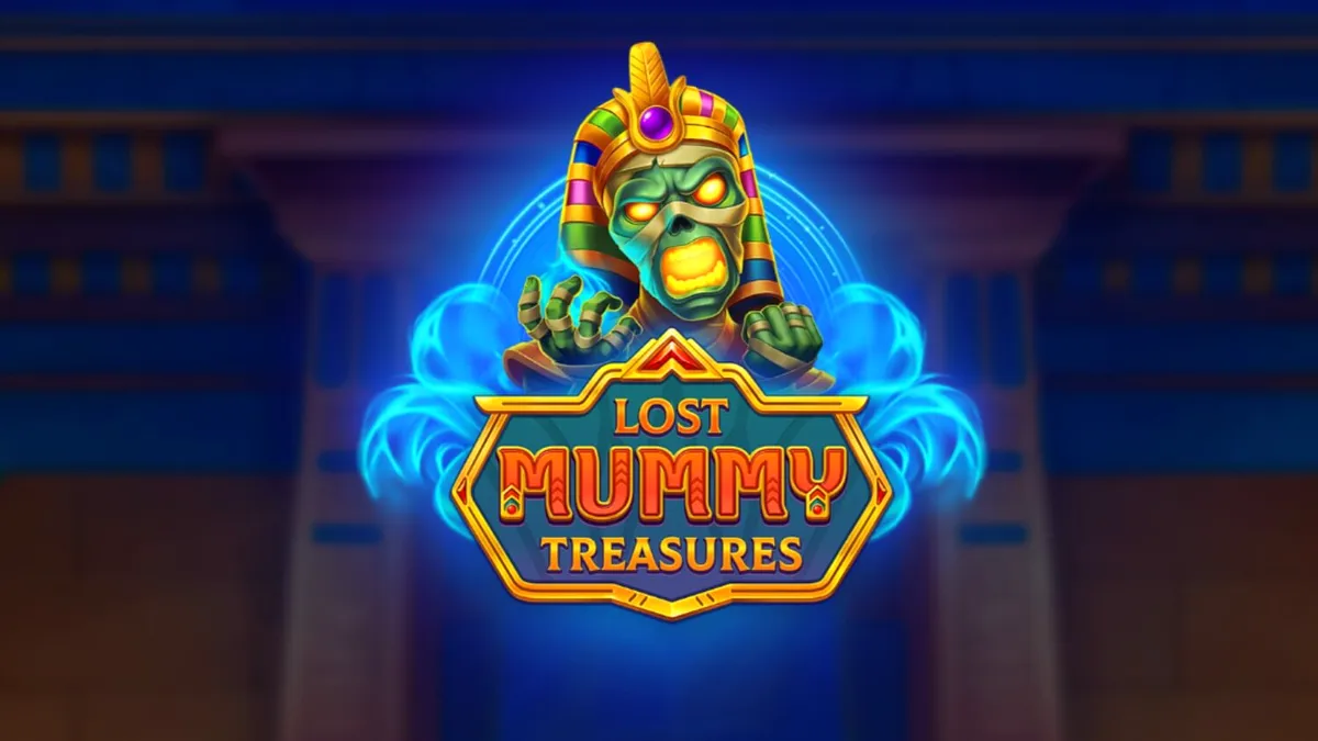 Tampilan visual slot Lost Mummy Treasures dengan simbol dewa Mesir dan efek cahaya emas