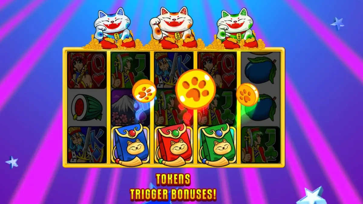 Tampilan visual slot Super Graphics Upside Down dengan tema anime dan kucing keberuntungan