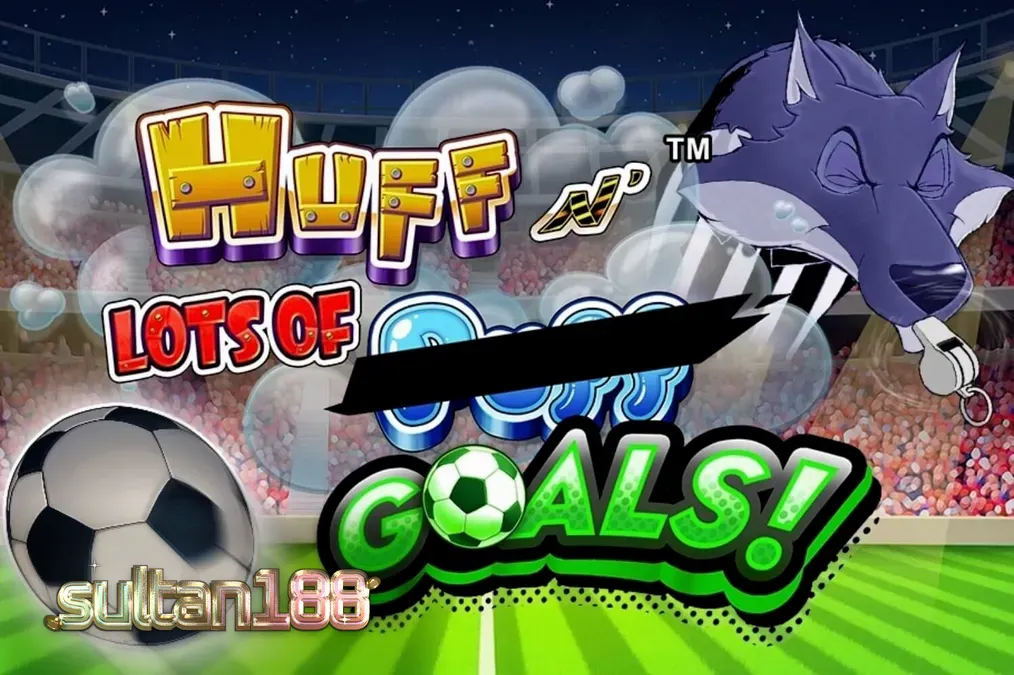 Tampilan visual slot Huff N’ Lots of Goals dengan tema sepak bola dan karakter babi kecil.